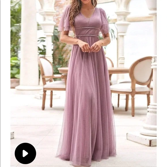 dusty rose beaded dress BABARONI Stretch Satin Dusty Rose Bridesmaid Dresses V-neck Floor-length  Spaghetti Straps Ruched with Slit Sheath main image 1